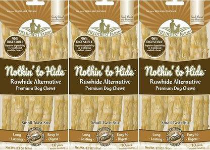 Fieldcrest Farms Nothing to Hide Natural Rawhide Alternative Twist Stix for Dogs - 3 Pack (30 Sticks) Premium Grade Easily Digestible Chews - Great for Dental Health (Peanut Butter, Small Stix)