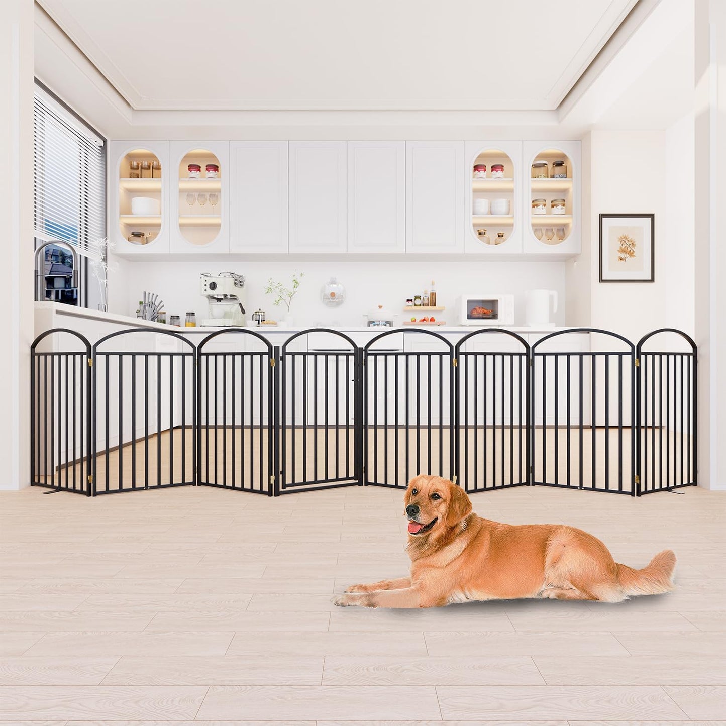 8 Panles Full Matel Freestanding Dog Gates with Door, 192"Extra Wide 36"Tall Free Standing Dog Pet Gate for Indoor & Outdoor. Foldable Pet Fences for Doorways, House, Stairs, Porch, Deck, Yard