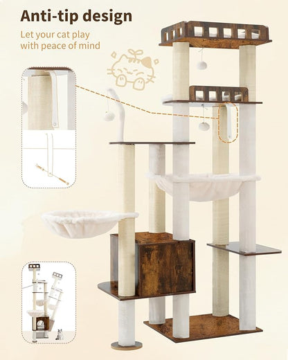 Heybly Cat Tree, 70.5 Inch Wood Tall Cat Tower for Large Indoor Cats with Extra Stable Structure, Modern Cat Furniture with All-Sisal Scratching Posts, Cat Condo & Hammocks, Rustic Brown HCT121SR