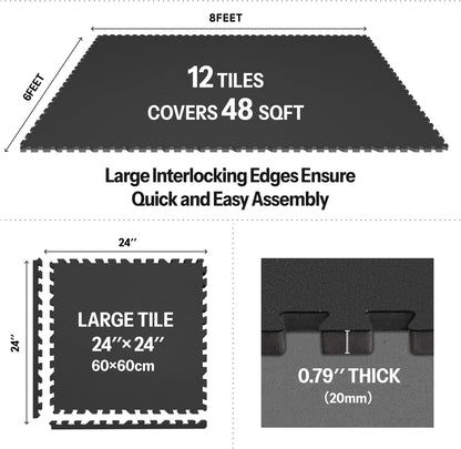 AIRHOP 0.79in Thick 48 Sq Ft Exercise Equipment Mats, 12 Tiles Upgraded Rubber Top with High Density EVA Foam, Large Interlocking Puzzle Gym Flooring for Home Gym, Heavy Weight Workout,Black