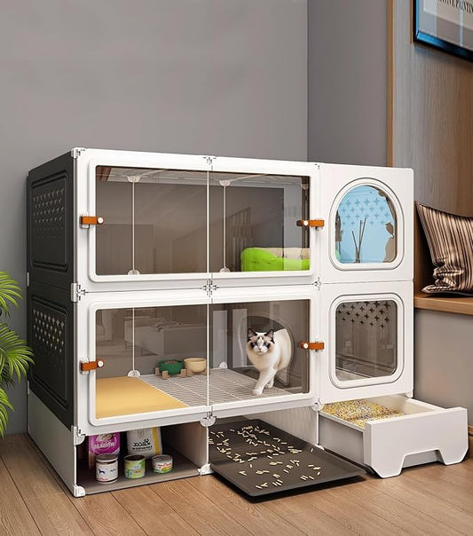 Cat Cage Cat Enclosure with Litter Box & Clear Sliding Door, Expandable Cat Playpen, Detachable Metal, Cat Cage Indoor and Outdoor, Ferret Cage