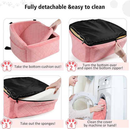 Dog Car Seat for Small Medium Dogs,Detachable Washable Dog Booster Seat Under 30lbs, Pet Car Seats Travel Bed with Storage Pockets and Safety Belt(Pink) - Pawvie