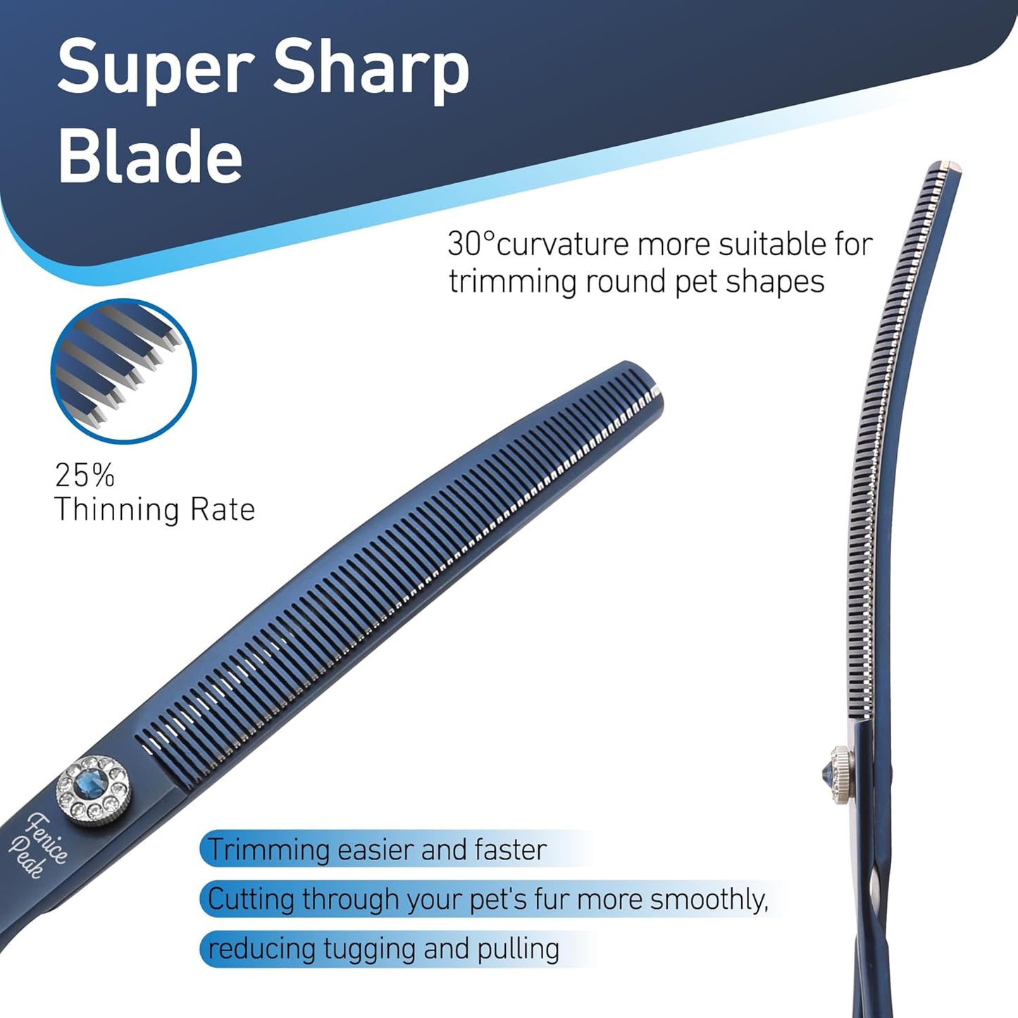 Fenice Peak Professional Dog Grooming Scissors Pet Curved Thinning Shears 7.0'' Extremely Sharp Blades 440C Steel Thinning Scissors Durable Smooth Motion&Fine Cut for Dogs and Cats