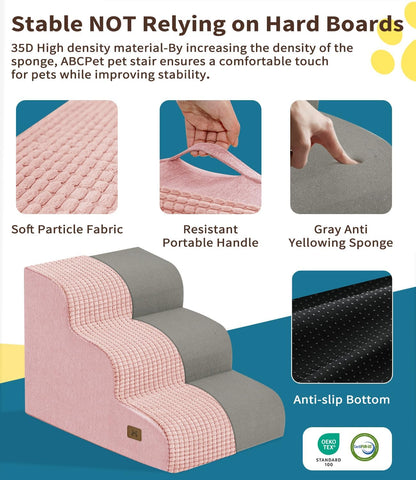 Dog Step for Bed, Dog Stair 3-Step 35D Pet Stair 15.7" H for High Bed or Sofa Non-Slip Balanced Pet Step Indoor, Pink