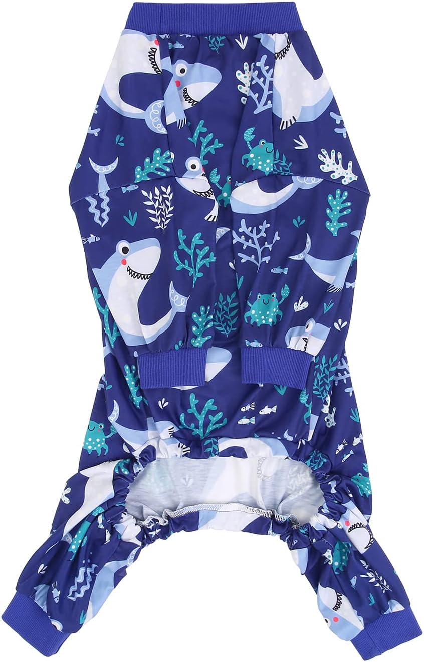 HDE Dog Pajamas One Piece Jammies Jumpsuit Pet Clothes Outfit Stretchy Lightweight Comfy Shirt Pjs for M-3XL Dogs Sharks - XL