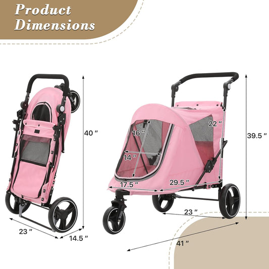Athena Collection 3 Wheels Pet Stroller Fabric Dog Cart Dog Stroller for Large Dogs 55 Lbs Pet Stroller with Mesh Windows, Zipper Back Pocket, Safety Tether, Angle Adjustable Handlebar, Pink - Pawvie
