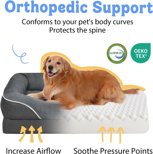 Washable Orthopedic Large Dog Bed - Removable Orthopedic Foam Dogs Beds with Bolsters Waterproof Large Dog Bed and Non-Slip Bottom Extra Large Dogs Beds Sofa