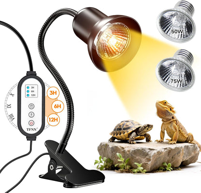 Reptile Heat Lamp, Heat Lamp with Clamp, UVA UVB Reptile Light with Intelligent Cycle Timer for Turtle, Bearded Dragon, Lizard and More, 2 Bulbs 50W+75W