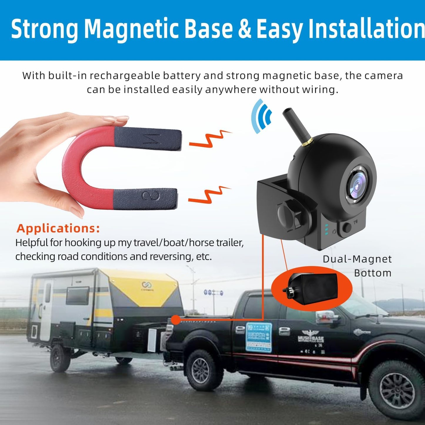 Magnetic Wireless Backup Camera-WiFi Reversing Camera with Rechargeable Battery, IP68 Waterproof, 1-min Installation, for Hitching Gooseneck Horse Trailer/Boat/RV/Pickup/Truck/Minivan