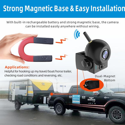 Magnetic Wireless Backup Camera-WiFi Reversing Camera with Rechargeable Battery, IP68 Waterproof, 1-min Installation, for Hitching Gooseneck Horse Trailer/Boat/RV/Pickup/Truck/Minivan