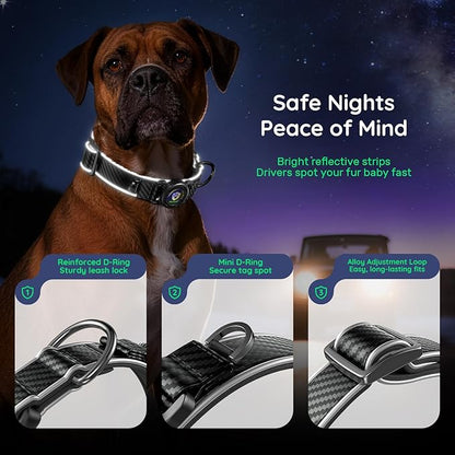 WhoseID Premium Leather Dog Collar - Waterproof AirTag Dog Collar | Magnetic Buckle Heavy Duty Collar | Medium Reflective Dog Collar with AirTag Holder