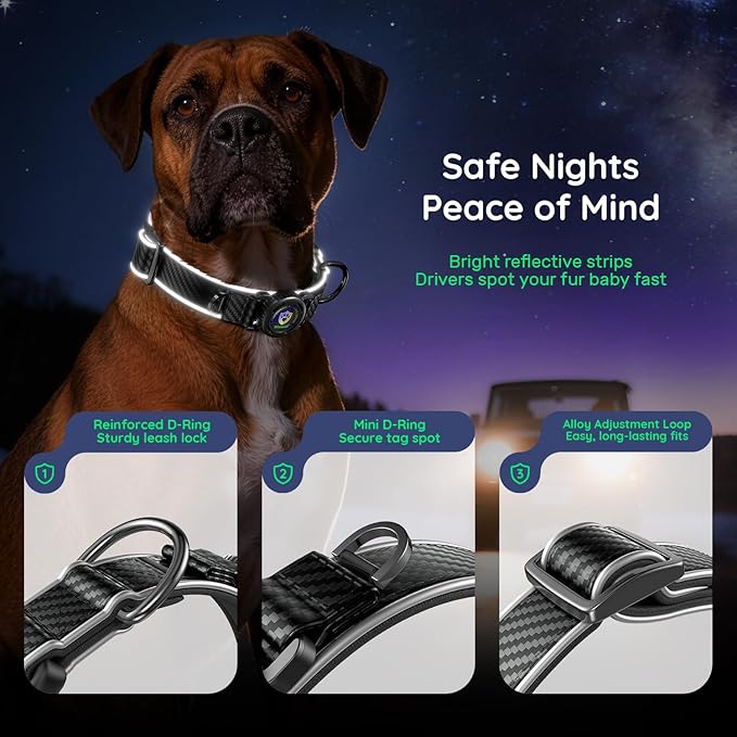 WhoseID Premium Leather Dog Collar for Large Dogs - IPX8 Waterproof AirTag Dog Collar | Magnetic Buckle Heavy Duty Collar | 450LB Escape-Proof | Reflective Dog Collar with AirTag Holder