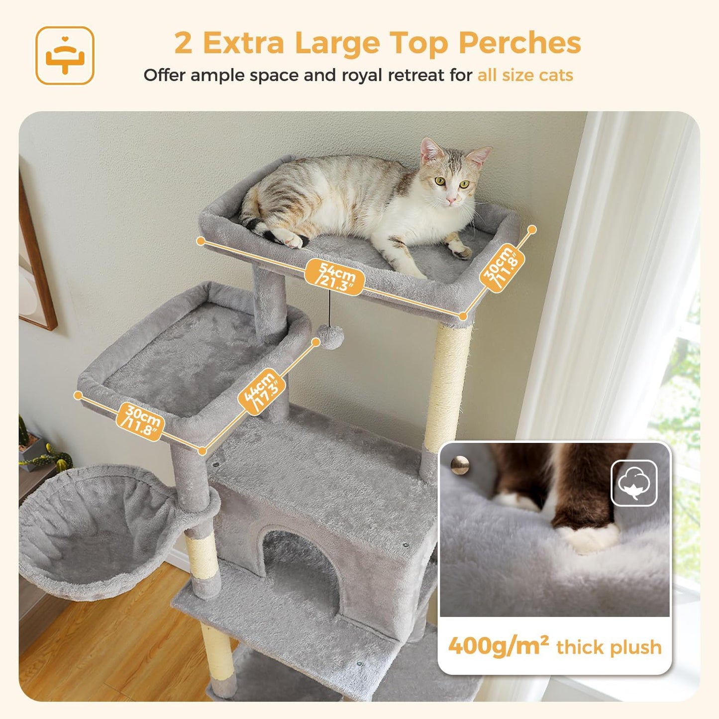 PAWZ Road Tall Cat Tree, 73 Inches Large Cat Tower with Large Padded Perch,2 Spacious Hammocks,8 Long Scratching Posts, XL Plush Cat Condo for Indoor Adult Cats,Gray
