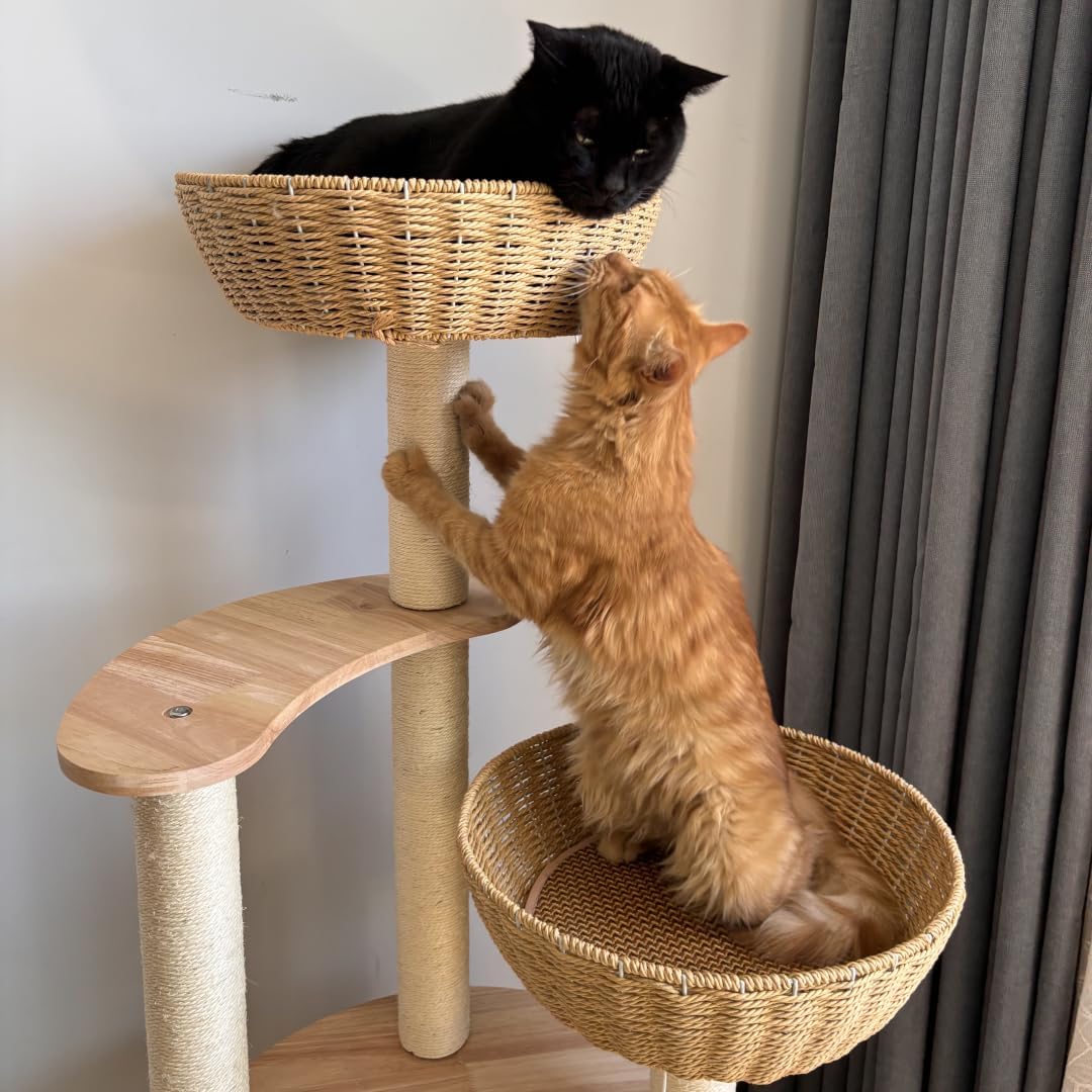 54" Large Modern Cat Trees, Luxury Rattan Oak Solid Wood Cat Trees Towers，3 Weaving Cat Nests & Washable Cool Cushions, Sisal Scratching Posts,Cat Condo for Indoor Cats- Wood Wax Oil Version