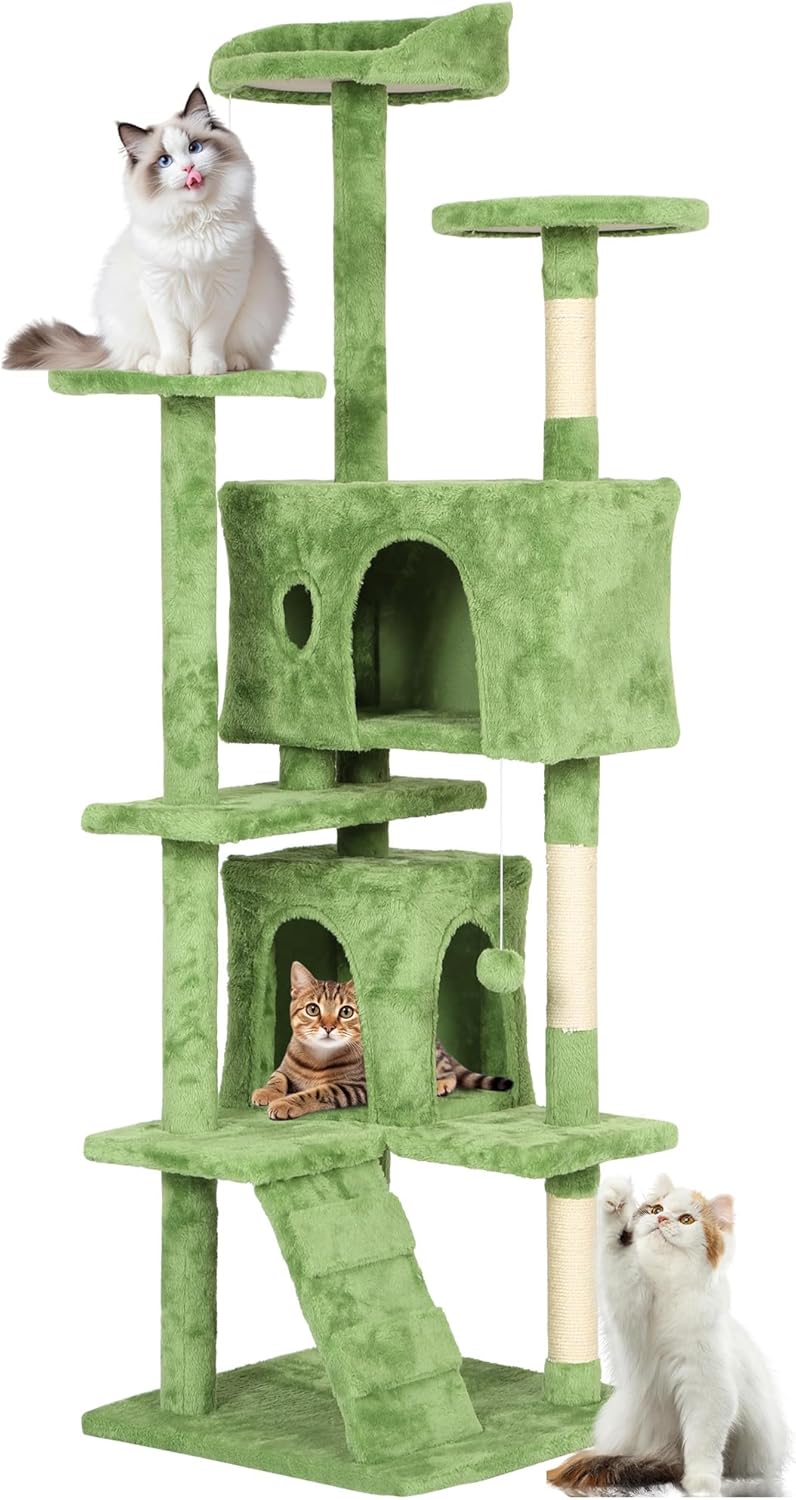 FDW Cat Tree 70in Cat Tower Multi-Level Durable Cat Scratching Post & Cozy Fun Cat Jumping Platform Space Saving Cat Condo Pet Play House for Indoor Cats,Green