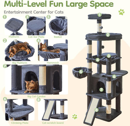 Taoqimiao 72 Inches Cat Tree for Large Cats, Multi-Level Tall Cat Tower, Widened Cat Condo with Large Scratch Board, 5 Scratching Posts, Metal Hammcock, Cozy Basket, Smoky Gray, MS045G
