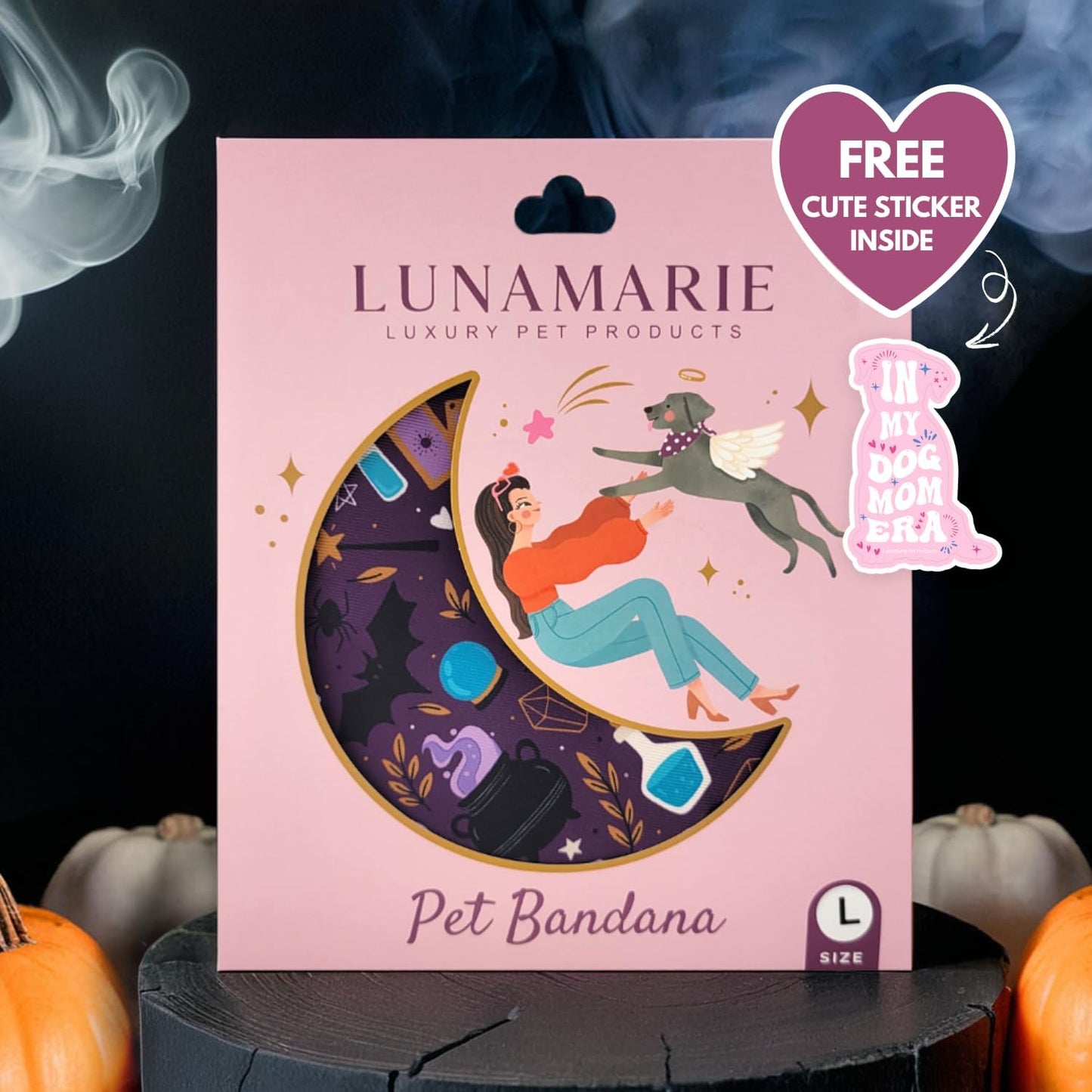 LunaMarie - Luxury Dog Bandanas - Cute Witch Magic Design | Premium & Silky Fabric | 100% Handmade | Custom Shape Dual Layered Reversible Small, Medium, Large Cat Scarf (Bewitched, Medium)