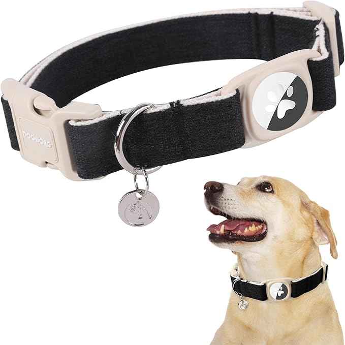 DOGWONG Airtag Cotton Hemp Dog Collar, Heavy-Duty Dog Collar with Airtag Holder Black Natural Fabric Pet Cute Puppy Necklace for Small Medium Large Dogs