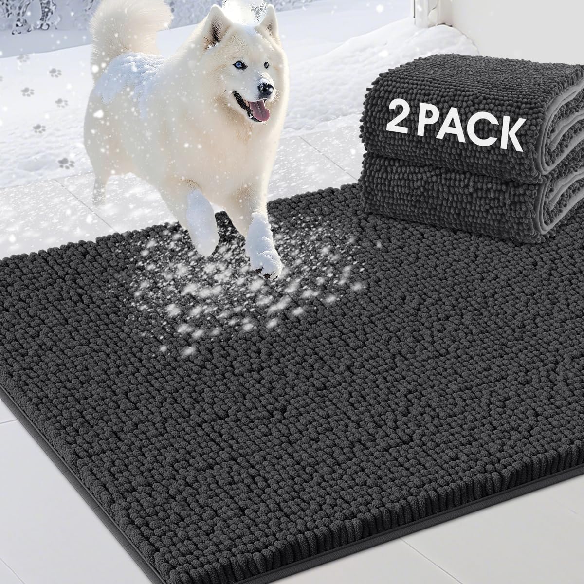 2 Pieces Muddy Door Mats for Dogs, Chenille Absorbent Pet Mats, Quick Dry, Trap Dirt Non Slip Heavy Indoor Doormat Soft Dog Bed Mat Front Inside Door Mat for Indoor Outdoor Entrance,Dark Grey