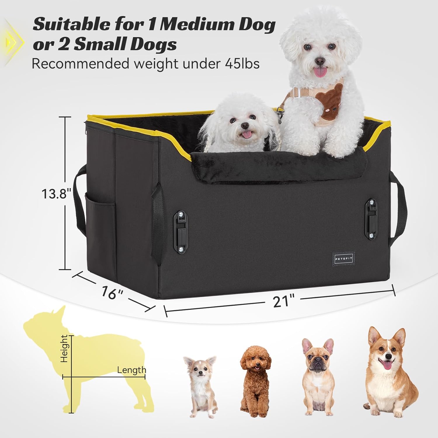 PETSFIT Dog Booster Car Seat, Dog Car Seats for Medium Sized Dogs or 2 Small Pets with 2 Safety Leashes and Patented Buckles, Carseat for Dogs with Storage Pockets for Pets Under 45Lbs (Black) - Pawvie