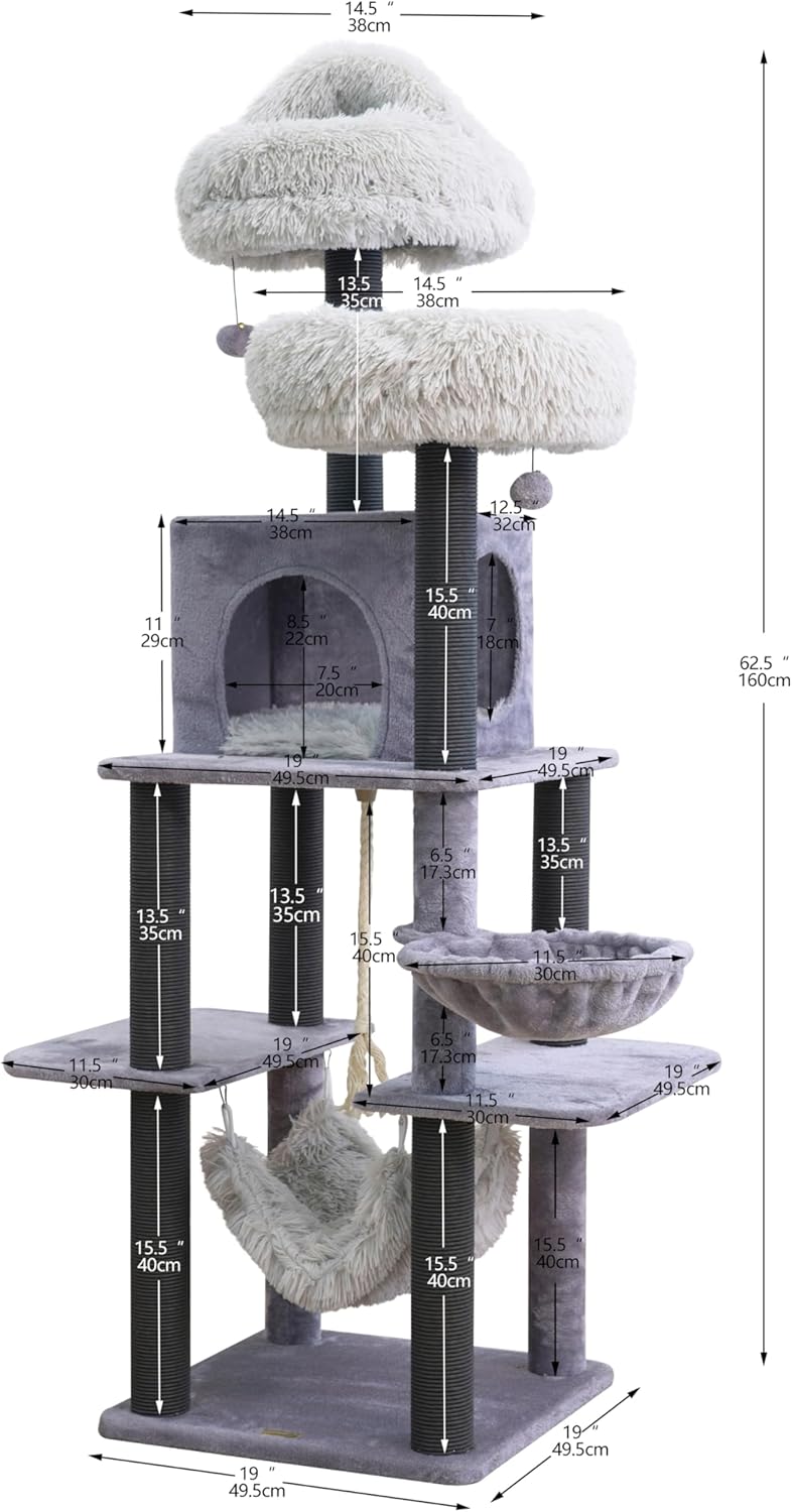 Catry Bradbury 7-Level 62.5” Modern Cat Tree with Replaceable Scratching Posts,Big Condo,Two Washable Beds, Two Hammocks,Quick Assembly, for Multi-Cat Homes(Cloud Gray)