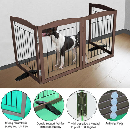 ZJSF Freestanding Dog Fence Indoor, Foldable Dog Gate for Doorways, Stairs or Hallways, Sturdy Wood Extra Wide Pet Gate with Support Feet for The House, Brown, 24 "Height-4 Panels