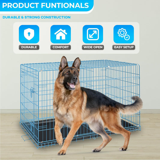 FDW Dog Crate for Large Dogs 42 Inch Folding Metal WirePet Cage Double Door W/Divider Panel Indoor Outdoor Kennel Leak-Proof Plastic Tray,Blue