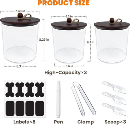 3 Pack Airtight Dog Food Storage Container, Dog Treat Container Dog Food Container with Wood Lids 8x7''&6x5'',Pet Food Storage Container,Cat Food Containers with Scoops,Clamp,Labels,Pens