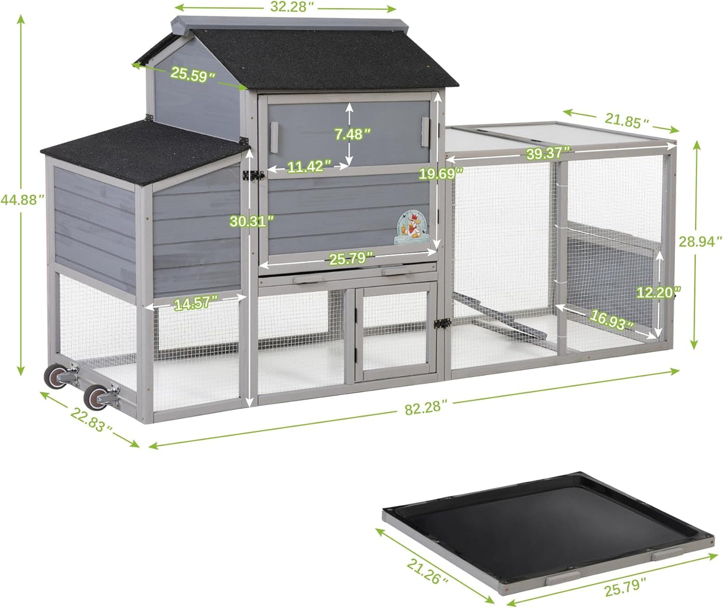 COZIWOW 82" Large Wooden Chicken Coop, Outdoor Rabbit Hutch, Guinea Pig Pet House with Wheels, Sunshine Board, Asphalt Roof, Ramp, Openable Top, Door, Window, Pull-Out Tray, Indoor Bunny Cage (Gray)