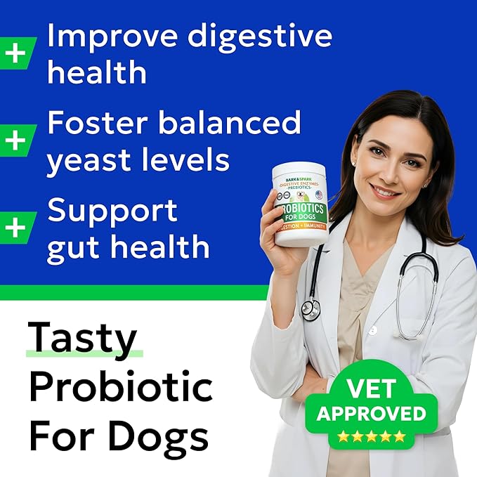 Bark&Spark Dog Probiotics & Digestive Enzymes (Gut Health) Allergy & Itchy Skin - Pet Diarrhea Gas Treatment Upset Stomach Relief Pill, Digestion Health Tummy Treat (180Ct Bacon)