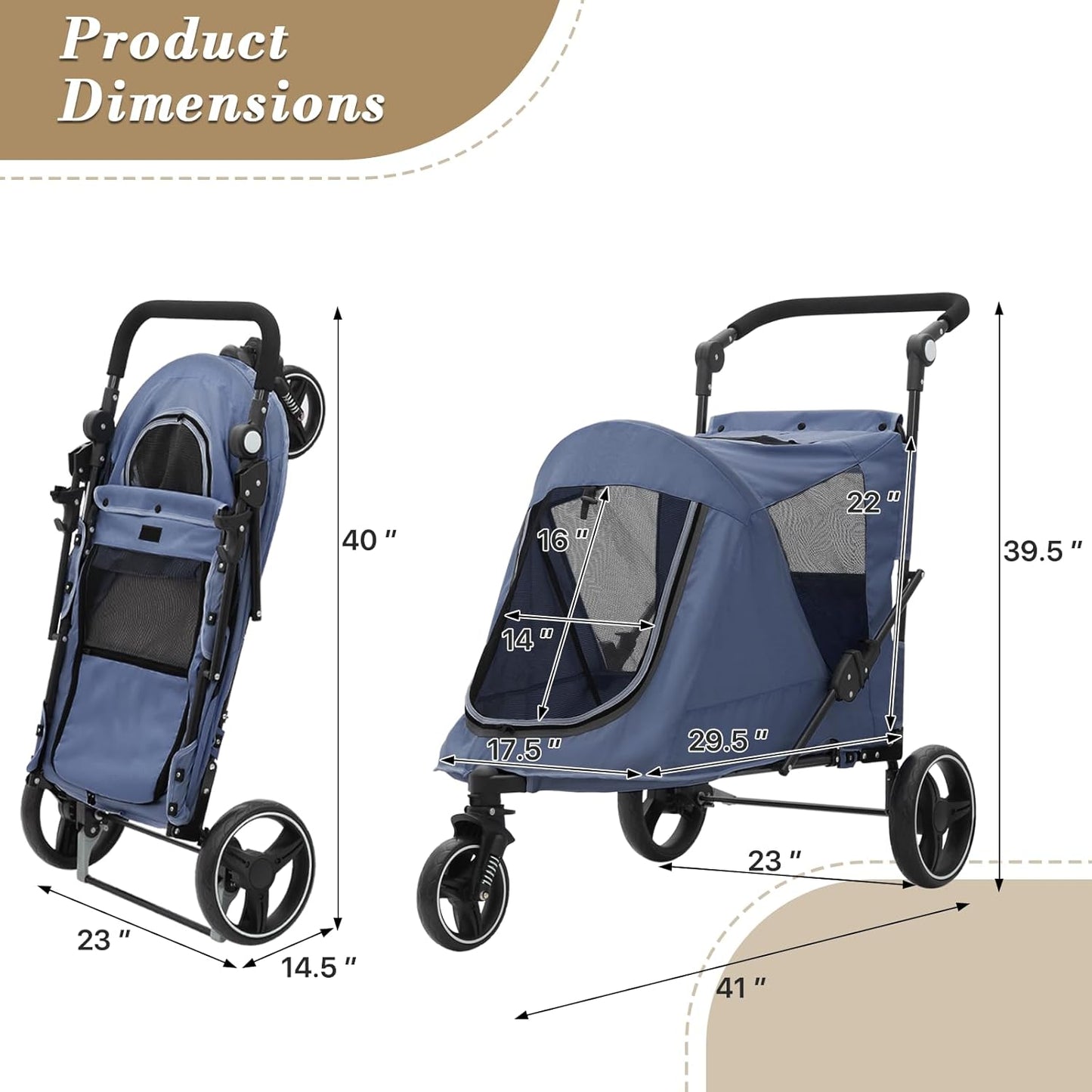 Athena Collection 3 Wheels Pet Stroller Fabric Dog Cart Dog Stroller for Large Dogs 55 Lbs Pet Stroller with Mesh Windows, Zipper Back Pocket, Safety Tether, Angle Adjustable Handlebar, Navy Blue - Pawvie