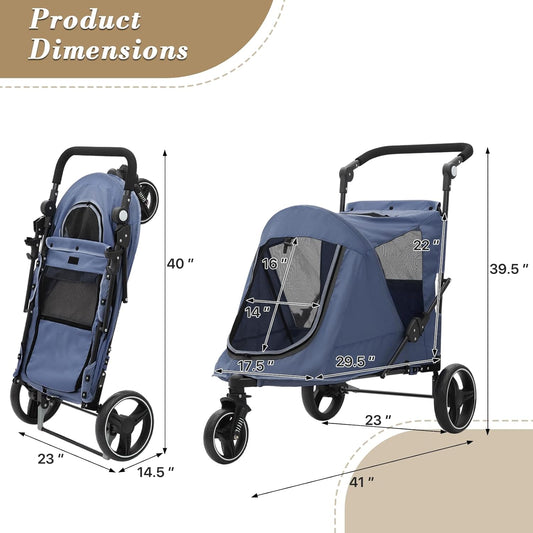 Athena Collection 3 Wheels Pet Stroller Fabric Dog Cart Dog Stroller for Large Dogs 55 Lbs Pet Stroller with Mesh Windows, Zipper Back Pocket, Safety Tether, Angle Adjustable Handlebar, Navy Blue - Pawvie