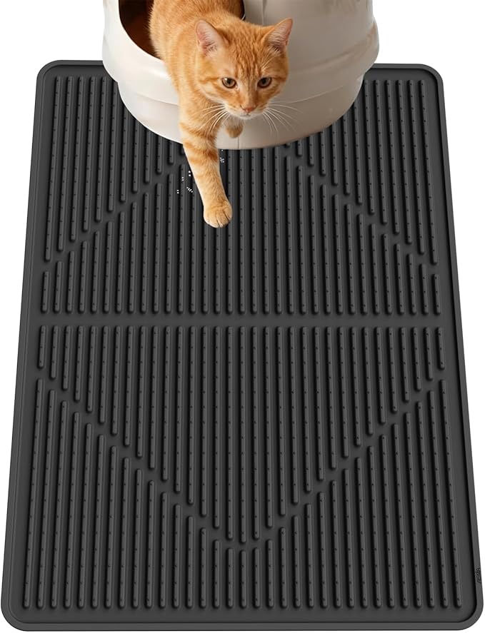 Gosmol Cat Litter Mat XXL 38" x 25" Extra Large Waterproof Trapping Mat with Raised Points, Easy Clean Litter Mat, Non-Slip Silicone Cat Mats for Litter Boxes & Floor-Black