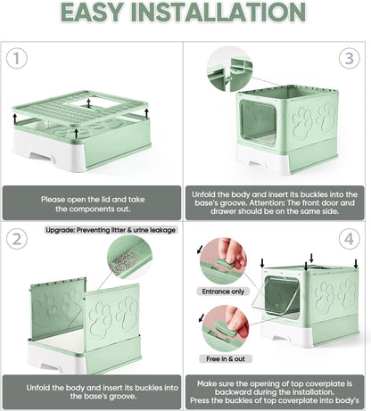 Cat Litter Box with X-Large Litter Mat and Scoop, Large Foldable Litter Box with Lid, Enclosed Kitty Box,Front Top Entry Exit, Odor Control Easy to Clean (Upgrade Green)