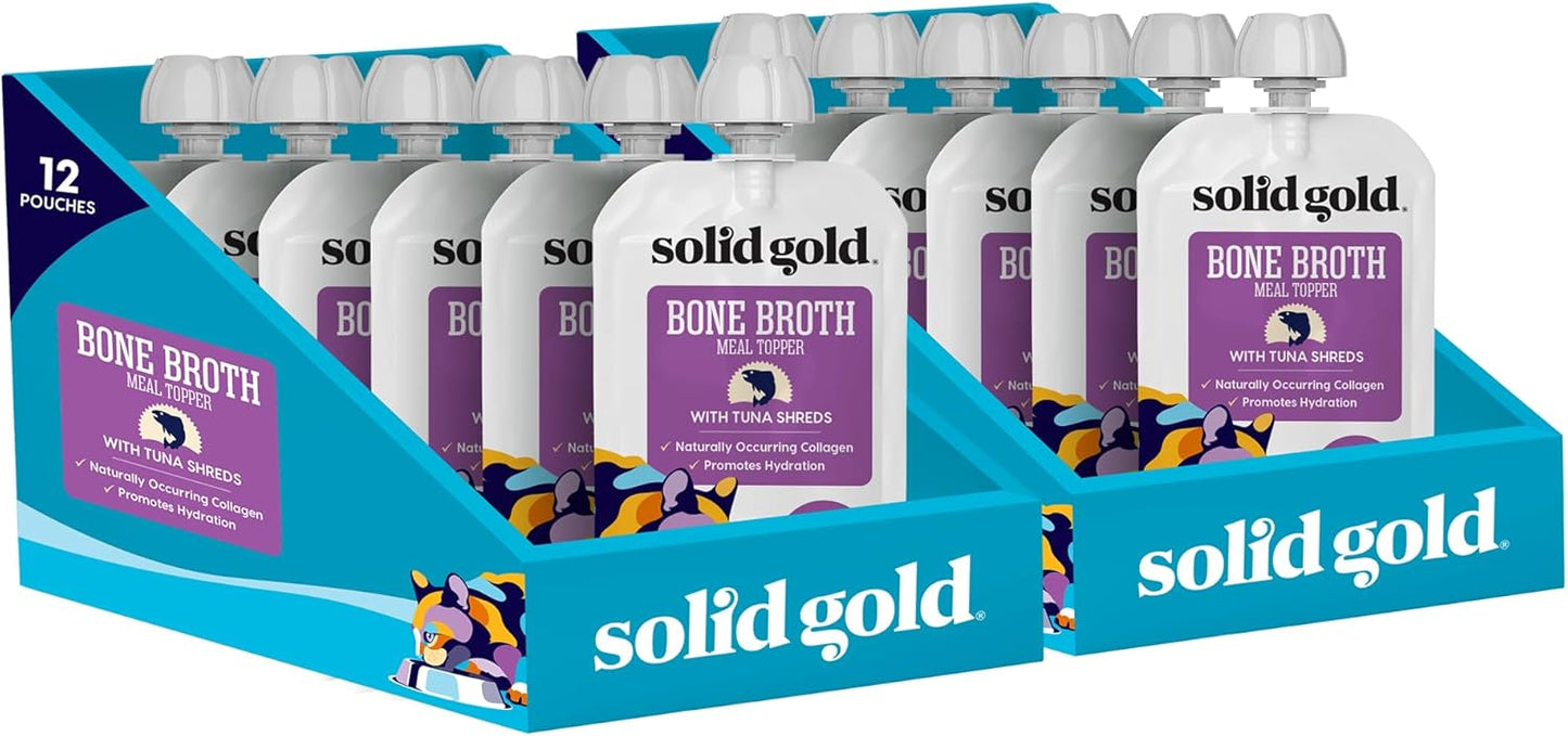 Solid Gold Bone Broth Cat Food Topper - Limited Ingredient Lickable Cat Broth Pouches w/Tuna Protein Shreds & Collagen for Hydration & Gut Support - Easy to Serve Gravy for Cats Meal Topper - 12ct