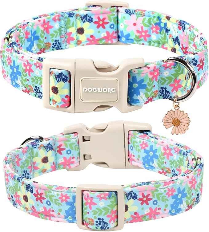DOGWONG Cute Flower Printed Collar for Small Medium Large Dogs - Blue Floral Dog Collar for Girl Female Boy Dogs,L