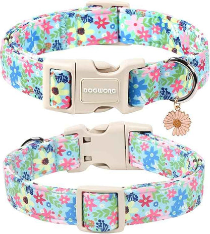 DOGWONG Cute Flower Printed Collar for Small Medium Large Dogs - Blue Floral Dog Collar for Girl Female Boy Dogs,L