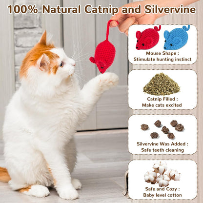 Retro Shaw Catnip Toys Crochet Mouse, 6 Pcs Yarn Cat Nip Mice Safe Teeth Cleaning Chew Toy for Indoor Kittens Kitty, Interactive Catnip Cat Kicker Toys