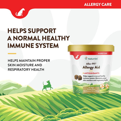 NaturVet Aller-911 Advanced Allergy Aid for Dogs, Cats – Antioxidant-Rich Pet Supplement with Omegas, DHA, EPA – Helps Support Dog Immune System, Cat Respiratory Health, Skin Moisture 70 Soft Chews