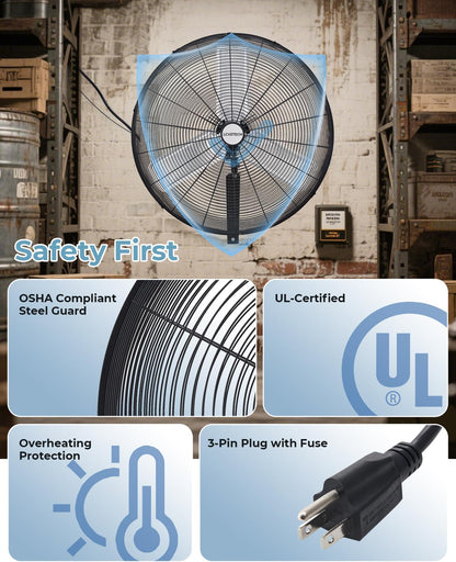 30 inch Wall Mount Fan Oscillating, 3-Speed 8850 CFM High Velocity Industrial Wall Mounted Fan, Heavy Duty Air Circulator for Garage, Shop, Gym, Workshop, Covered Patio - UL Listed