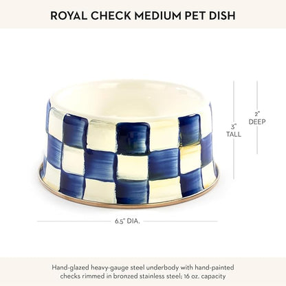 MACKENZIE-CHILDS Pet Bowl, Cute Cat and Dog Bowl for Food and Water, Blue-and-White Royal Check, Medium