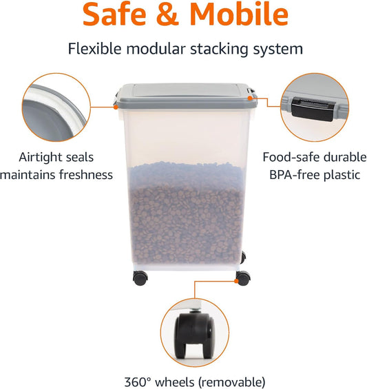 Amazon Basics Airtight Dog Food Storage Container with Scoop and Wheels, 69 QT, Gray