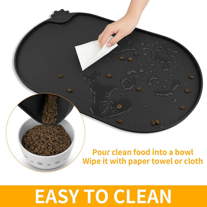 KPWACD Pet Placemat for Dog and Cat, Waterproof Silicone Dogs Feeding Bowl Mat Prevent Food and Water Overflow, High-Lips Puppy Dish Mats Suitable for Small Medium Big Pets, Black, 24" * 16"