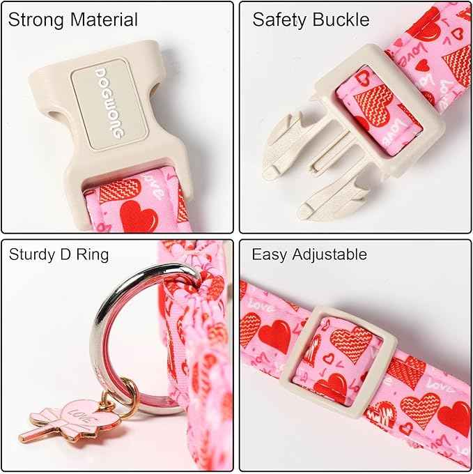 DOGWONG Valentine's Dog Collar - Pink Heart Adjustable Cotton Heart Dog Collar - Cute Dog Collars Perfect for Small Dogs