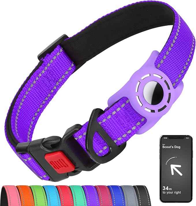 AirTag Dog Collar with AirTag Holder Compatible for Air Tag, Reflective Soft Padded, Safety Locking Buckle, Adjustable Nylon for Small Medium Large Dogs (Purple,M)