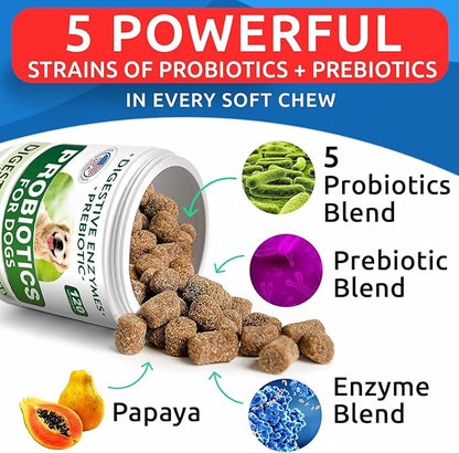 BARK&SPARK Dog Probiotics & Digestive Enzymes (Gut Health) Allergy & Itchy Skin - Pet Diarrhea Gas Treatment Upset Stomach Relief, Digestion Health Prebiotic Supplement Dog Treats (240Ct Chicken)