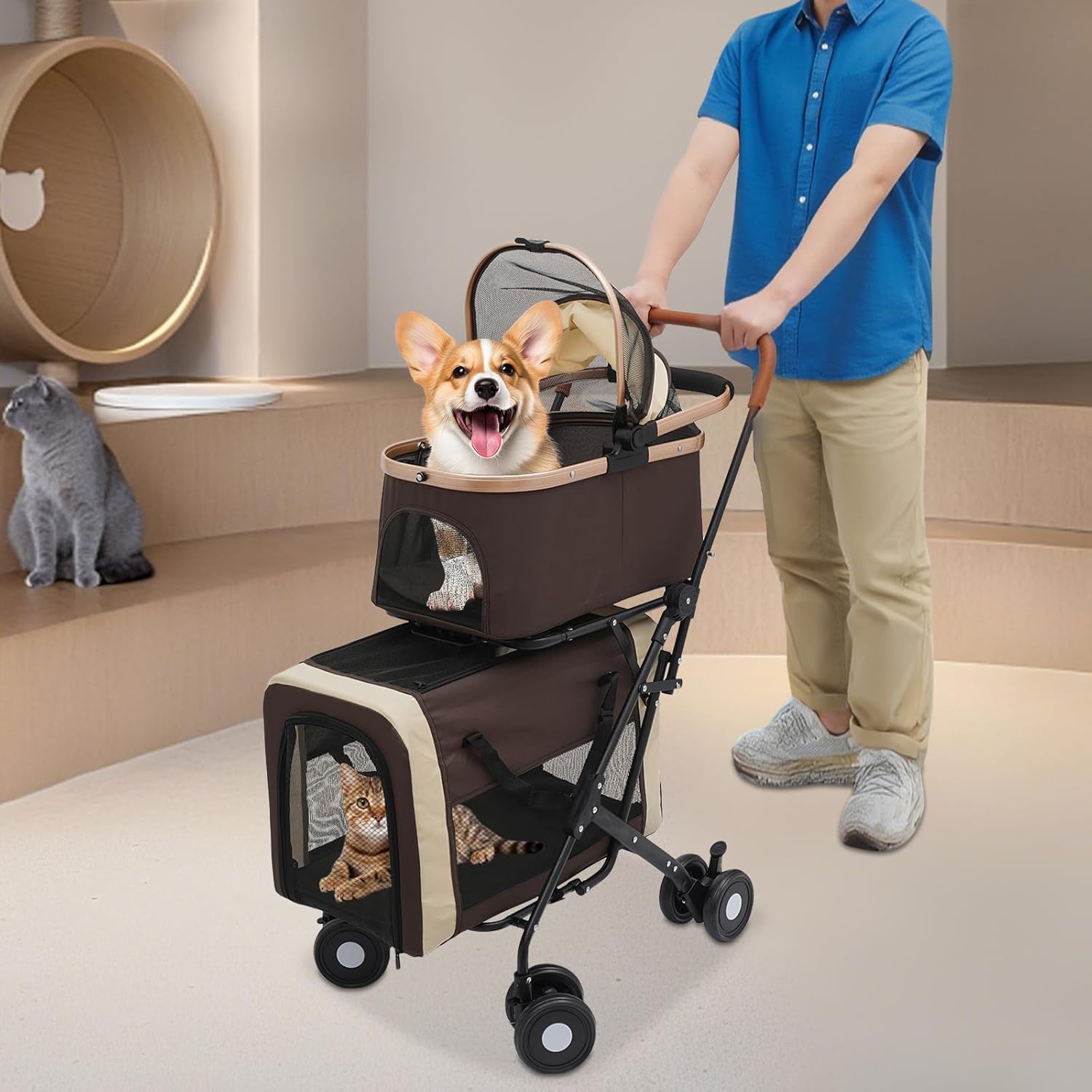 Double Pet Stroller with Detachable Carriers, Large Cat & Dog Stroller with 4 Wheels, Foldable Pet Strollers Small & Medium Dogs Cats 77lbs (Coffee Color) - Pawvie