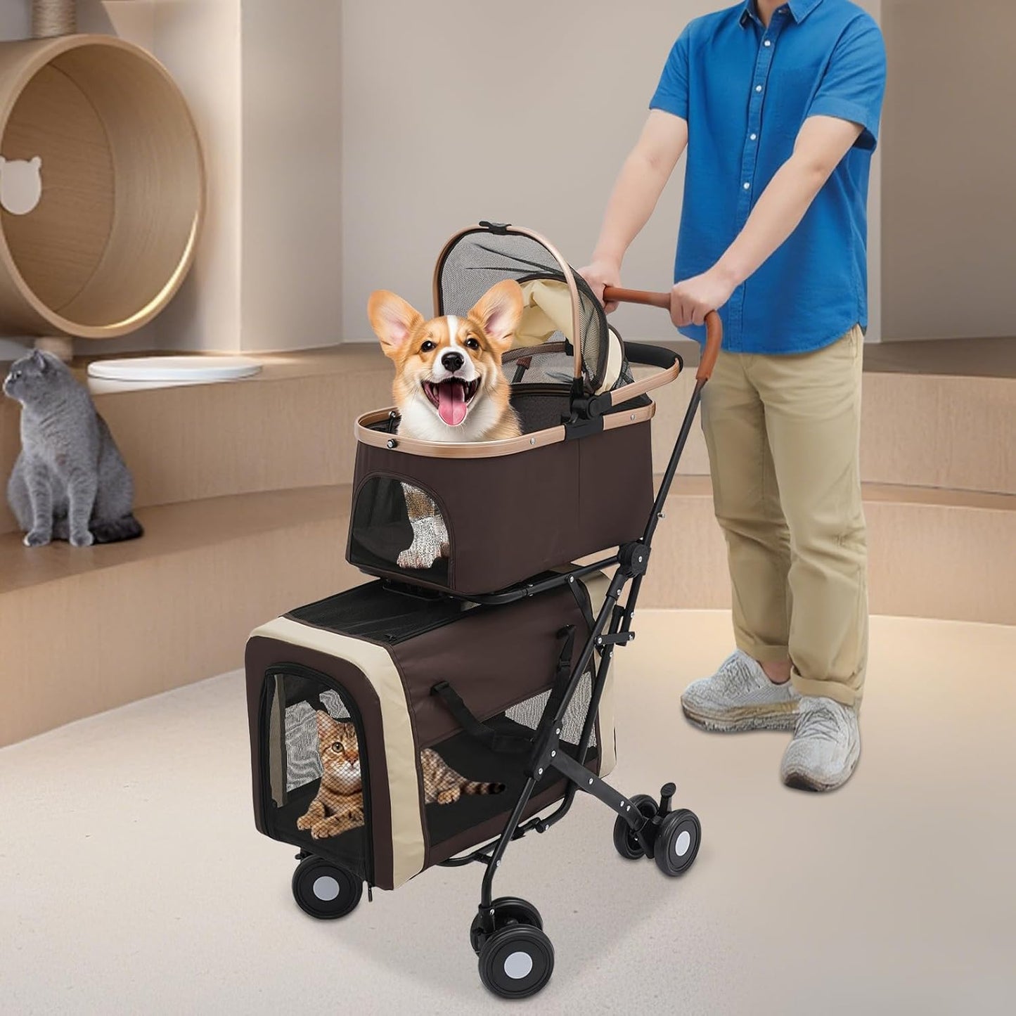 Double Pet Stroller for Dogs and Cats, Foldable Dog Stroller Travel Carriage with Detachable Carriers, Safety Belts, and 4 Lockable Wheels for Small to Medium Pets (Coffee Color) - Pawvie
