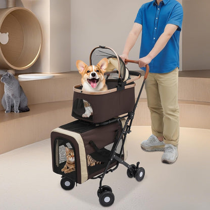 Double Pet Stroller for Dogs and Cats, Foldable Dog Stroller Travel Carriage with Detachable Carriers, Safety Belts, and 4 Lockable Wheels for Small to Medium Pets (Coffee Color) - Pawvie