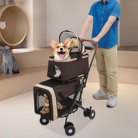Double Pet Stroller for Dogs and Cats, Foldable Dog Stroller Travel Carriage with Detachable Carriers, Safety Belts, and 4 Lockable Wheels for Small to Medium Pets (Coffee Color) - Pawvie